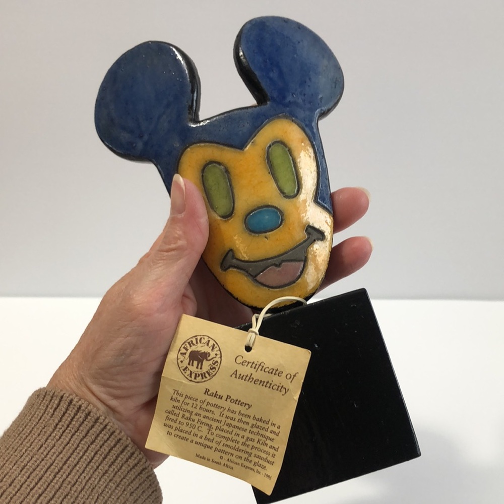 Raku Pottery Disney Mickey Mouse Sculpture On Wood Base Handmade In South Africa
